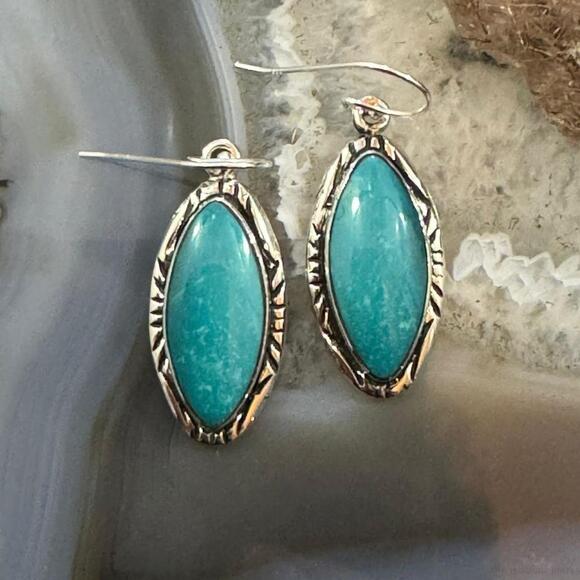 Native American Sterling Silver Marquise Turquoise Dangle Earrings For Women - Picture 2 of 10